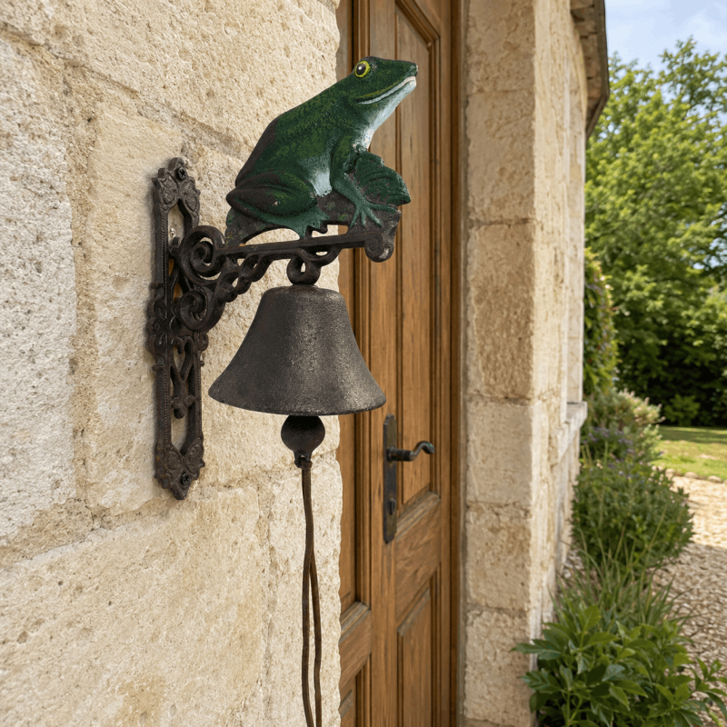 Large cast-iron frog doorbell near an entrance
