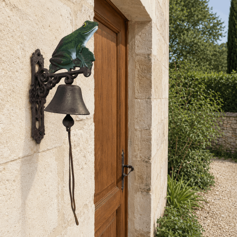 Green frog wall bell on a stone façade