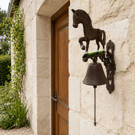 Large cast-iron horse doorbell on a stone façade