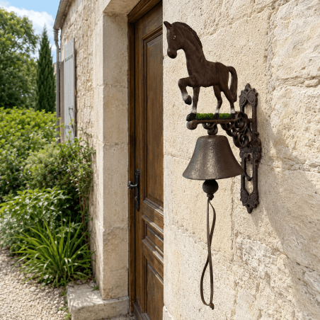 Large cast-iron horse doorbell on a stone façade