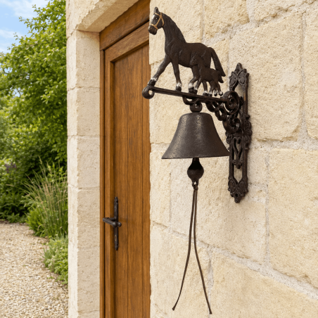 Large doorbell with a mare and foal on a stone façade