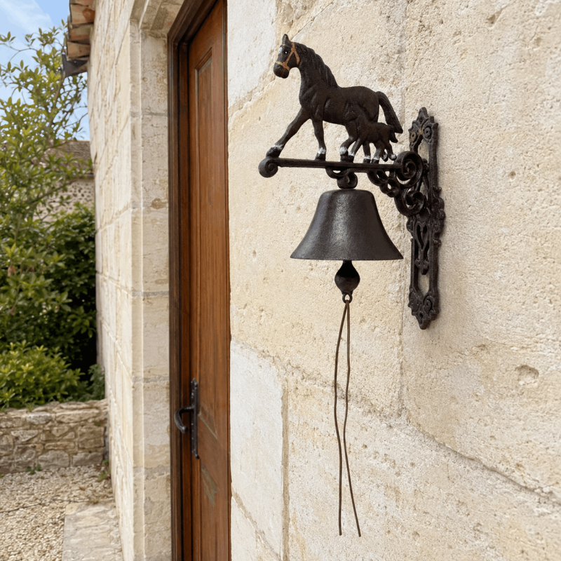 Wall-mounted horse and foal bell installed near an entrance