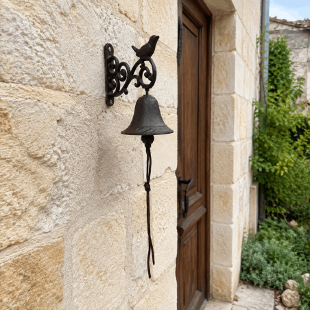 Cast-iron bird doorbell installed near an entrance