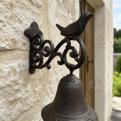 Wall-mounted bell with a bird and a scrollwork-decorated bracket