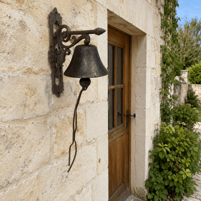 Large cast-iron wall bell installed on a stone façade