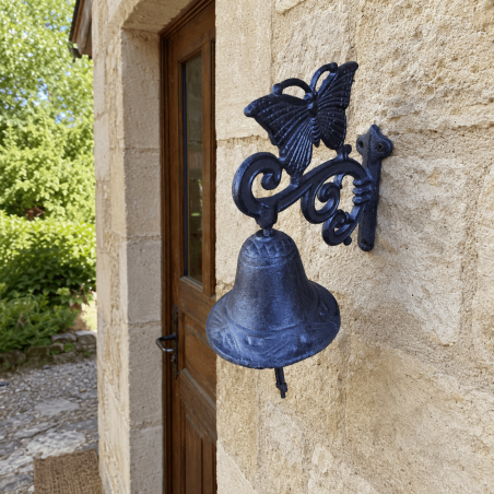 Cast iron butterfly-motif doorbell for a garden gate