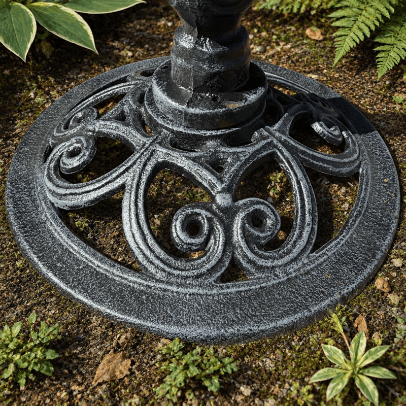 Ornate cast iron pedestal and openwork base of bird bath