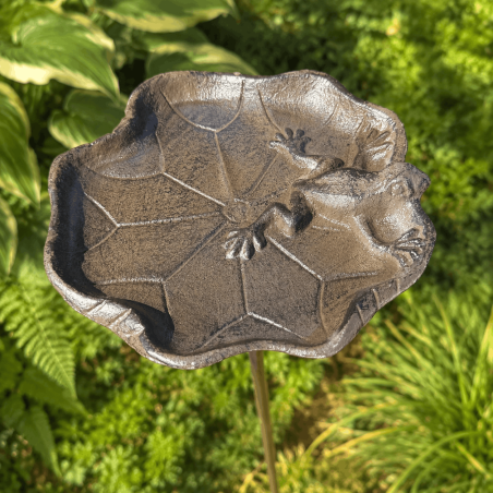 Flower-shaped cast iron bird bath with decorative frog