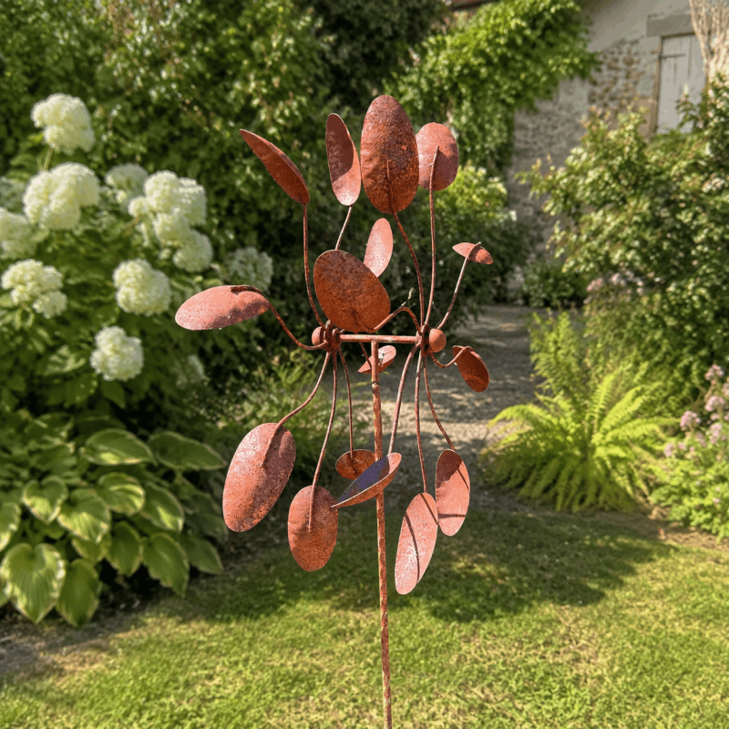 Decorative metal garden wind spinner with two rotating wheels