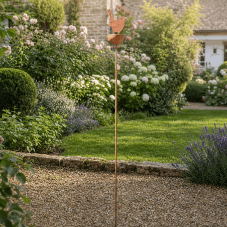 Rust-effect metal bird feeder garden stake 98 cm