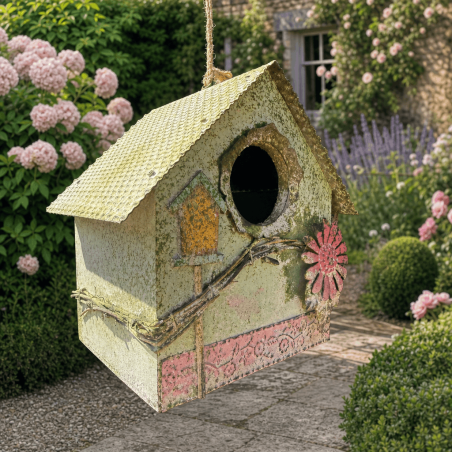 Nichoir à oiseaux rustique en bois et métal à suspendre