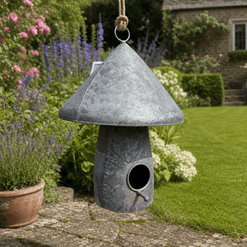 Nichoir à oiseaux champignon en métal à suspendre