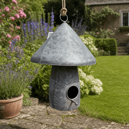 Nichoir à oiseaux champignon en métal à suspendre
