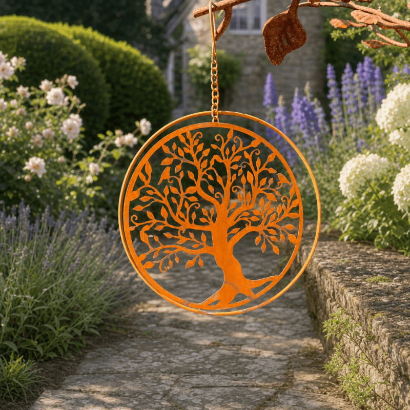 Suspension décorative arbre de vie en métal rouillé
