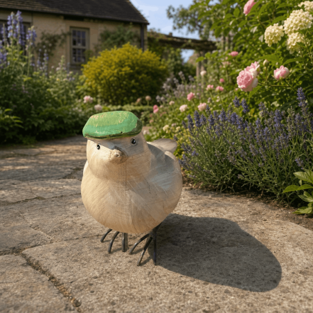 Petit oiseau décoratif en résine avec béret vert