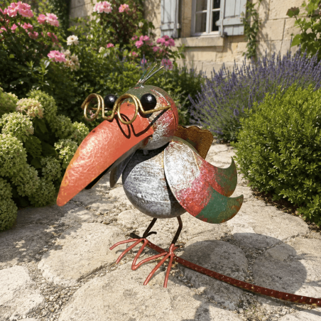 Metal crows garden mobile with top hat and golden glasses