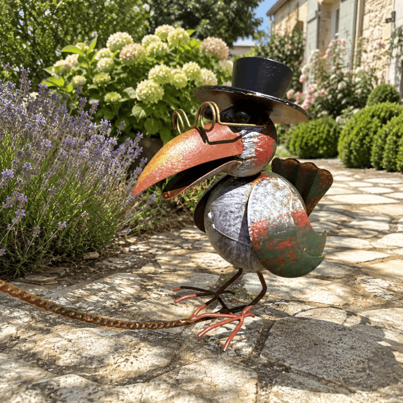 Metal crows garden mobile with top hat and golden glasses