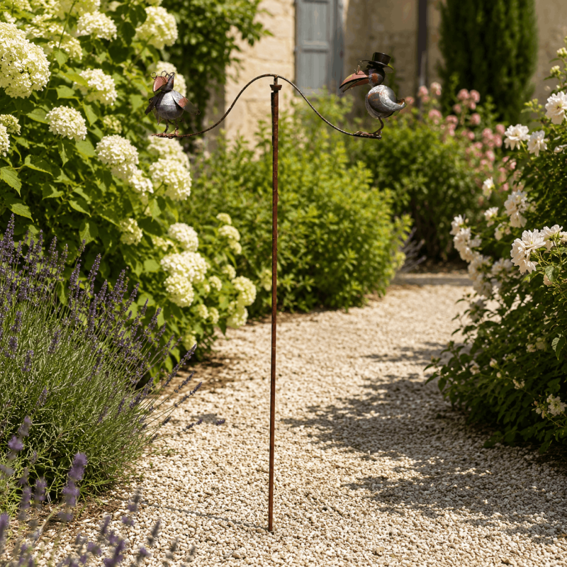 Balancing two crow garden decoration on metal stake