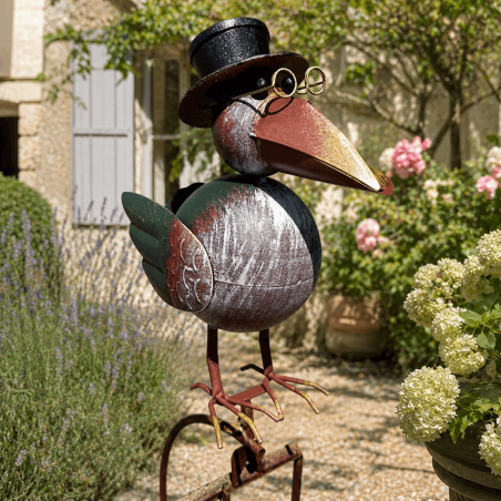 Large metal crow with top hat and golden glasses