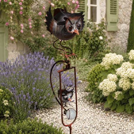 Balancing garden mobile with mother and baby owl 139 cm