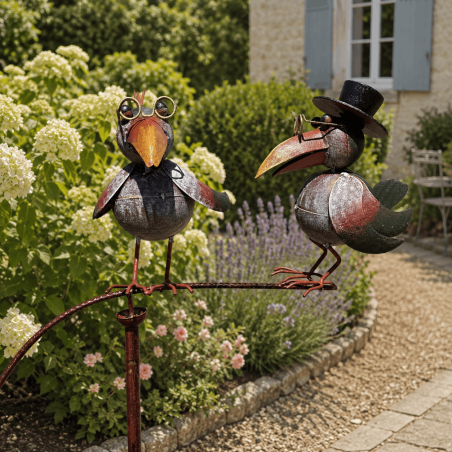 Metal crow garden mobile with top hat and golden glasses