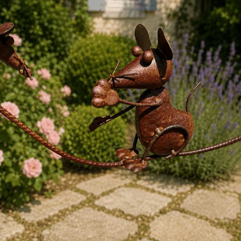 Metal cat garden decoration with rotating mice