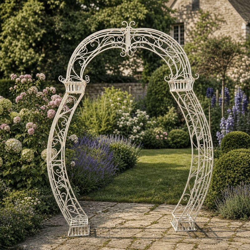 Large ivory metal garden arch – H 242 cm