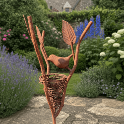 Decorative metal bird and nest garden stake 119 cm