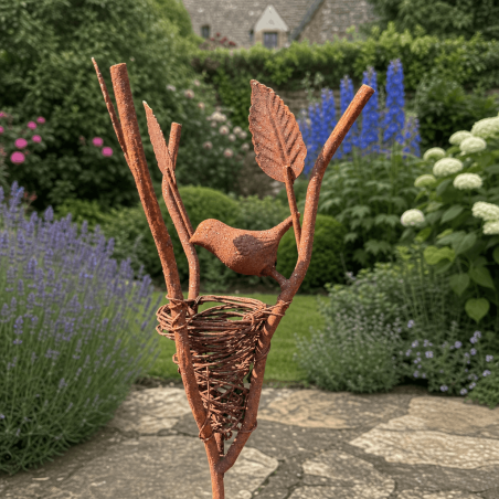 Decorative metal bird and nest garden stake 119 cm