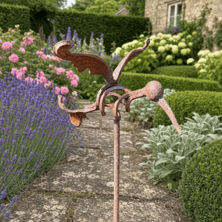 Decorative rust-effect metal bird garden stake 114 cm