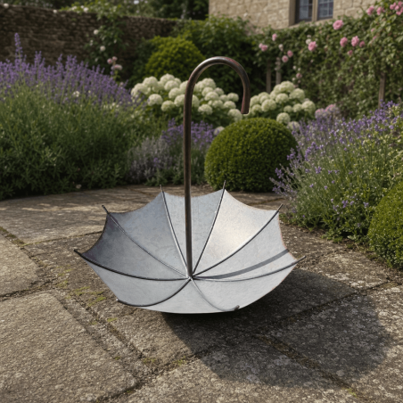 Umbrella-shaped galvanized metal bird feeder garden stake