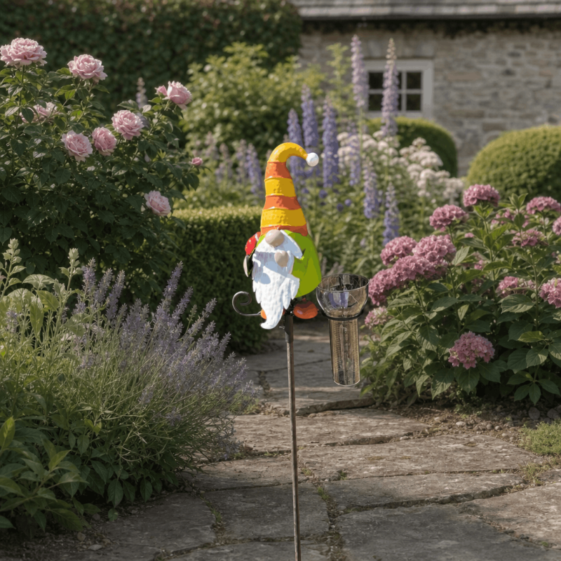 Decorative garden gnome rain gauge on metal stake 125 cm
