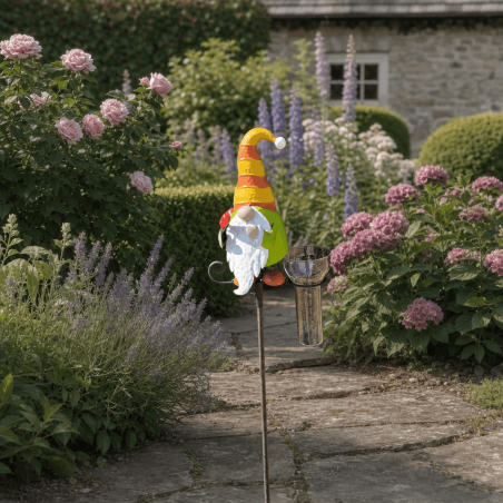 Decorative garden gnome rain gauge on metal stake 125 cm