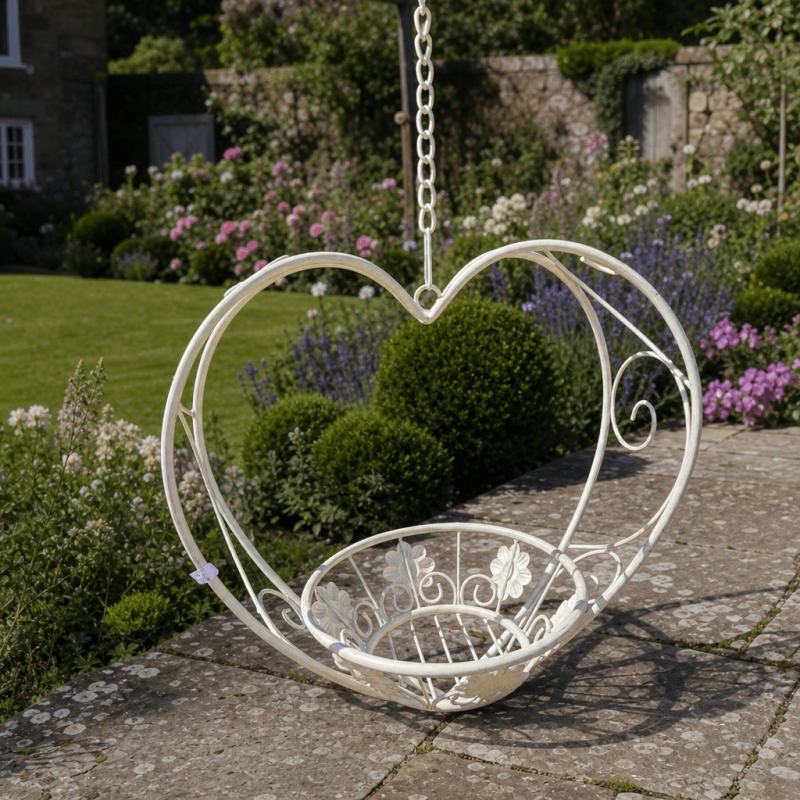 Heart-shaped hanging metal planter with basket in aged white