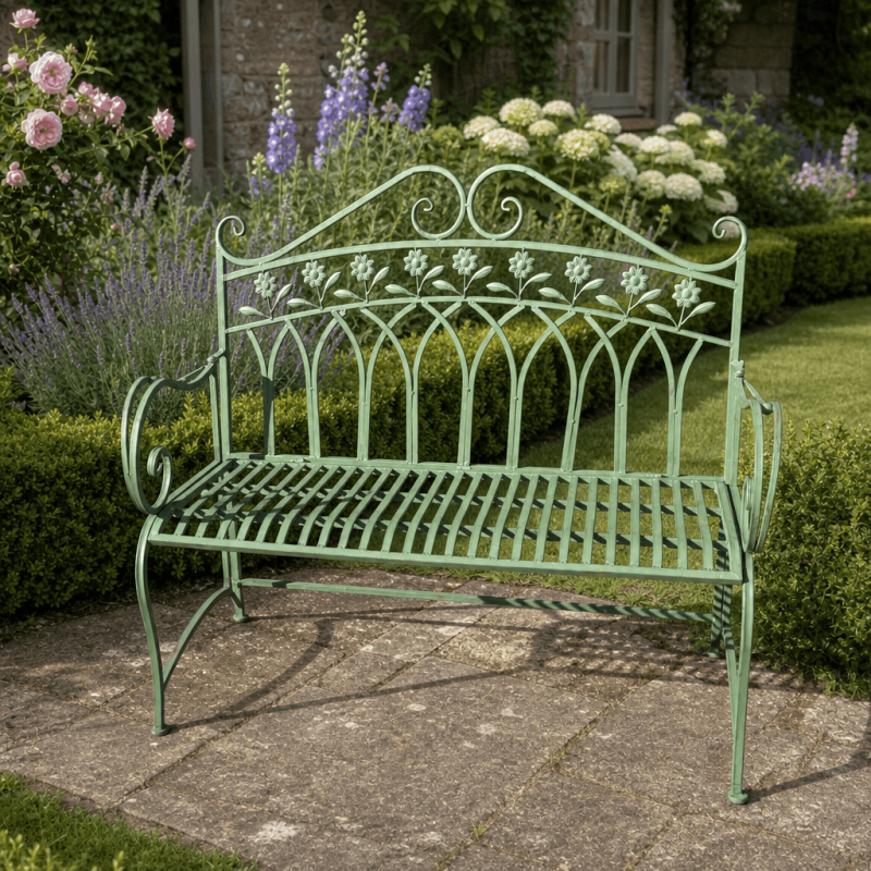 Patinated green metal garden bench with floral motifs, 112 cm