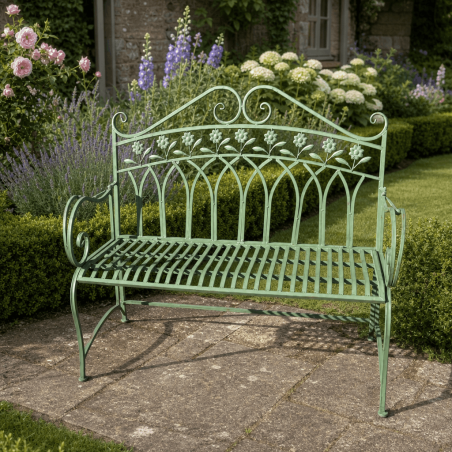 Patinated green metal garden bench with floral motifs, 112 cm