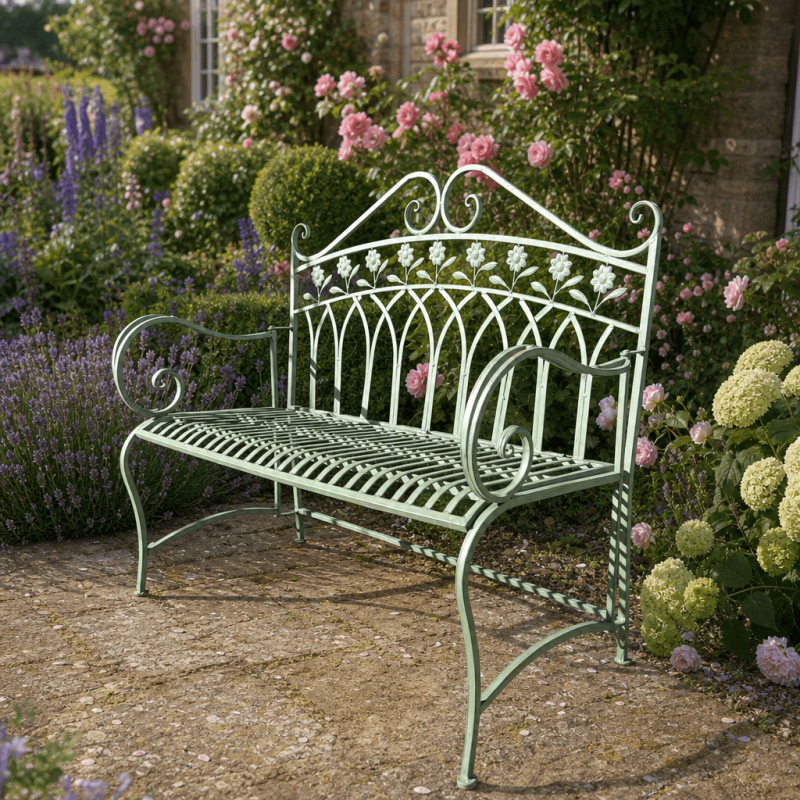Patinated green metal outdoor bench with scrollwork armrests