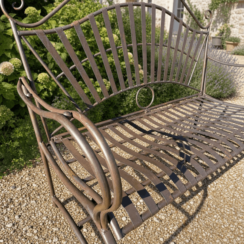 Rounded seat of the wrought-iron arabesque garden bench