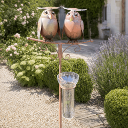 Garden rain gauge with two owls and a graduated 35 mm glass funnel