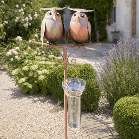 Garden rain gauge with two owls and a graduated 35 mm glass funnel