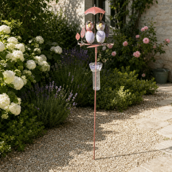 Decorative rain gauge on a stake, two birds under an umbrella, 135 cm