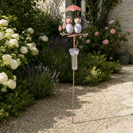 Decorative rain gauge on a stake, two birds under an umbrella, 135 cm