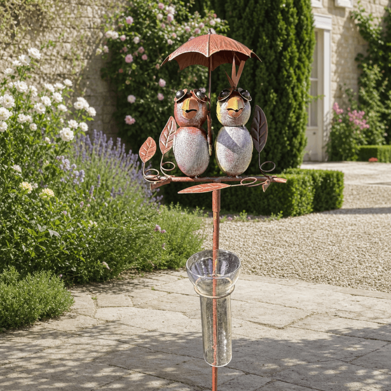 Decorative rain gauge with stake, 2 birds under umbrella – H 135 cm