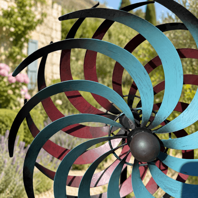 Éolienne décorative de jardin double hélice bleu et bordeaux – H 170 cm