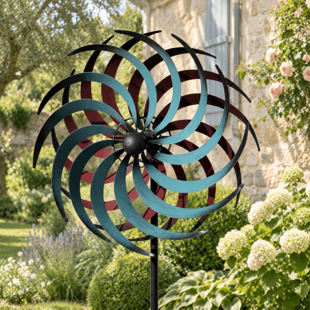Éolienne décorative de jardin double hélice bleu et bordeaux – H 170 cm