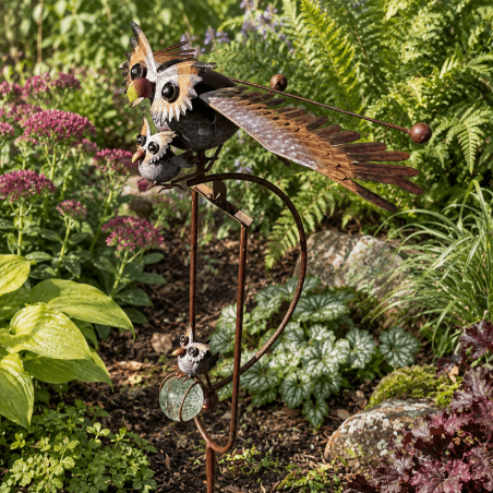Mobile de jardin chouette et ses bébés à ailes mobiles – H 126 cm