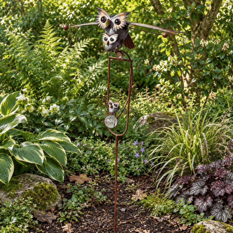 Mobile de jardin chouette et ses bébés à ailes mobiles – H 126 cm
