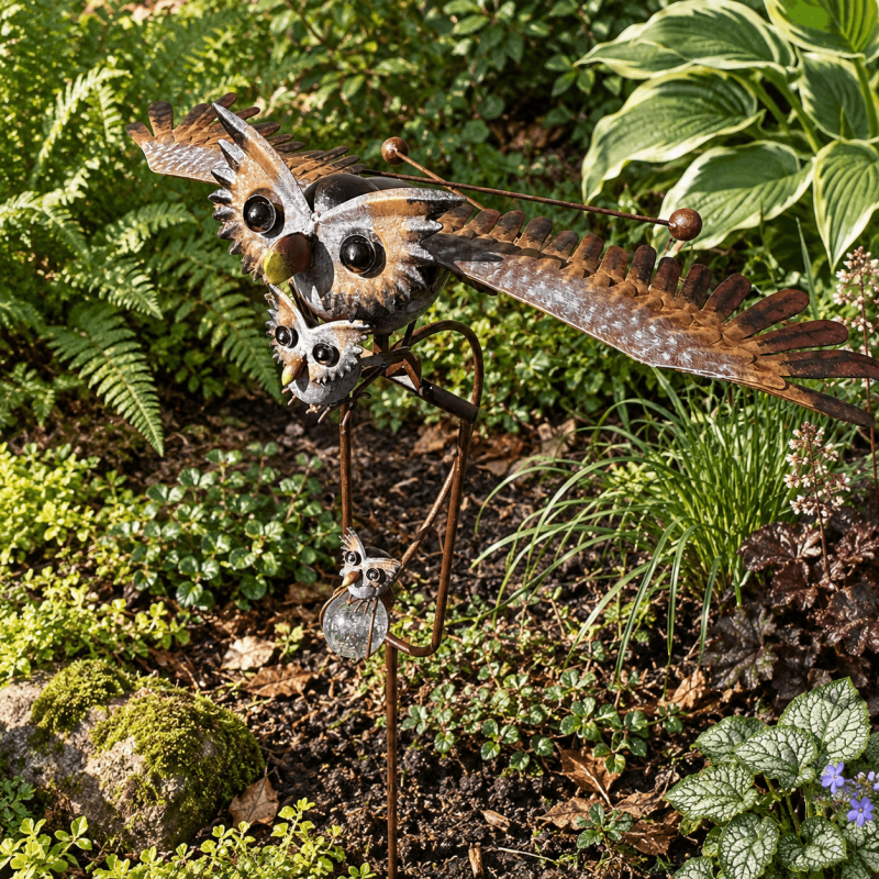 Mobile de jardin chouette et ses bébés à ailes mobiles – H 126 cm