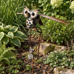 Mobile de jardin chouette et ses bébés à ailes mobiles – H 126 cm