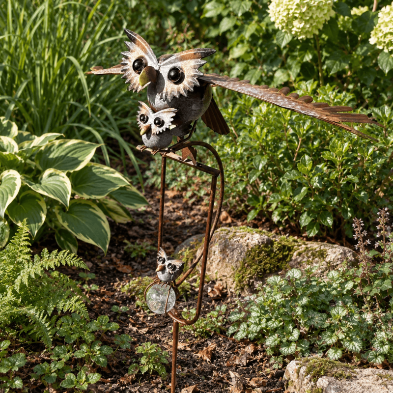 Mobile de jardin chouette et ses bébés à ailes mobiles – H 126 cm